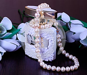 Pearl necklace and perfume on flowers background